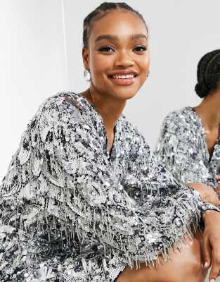asos edition sequin fringe skater mini dress