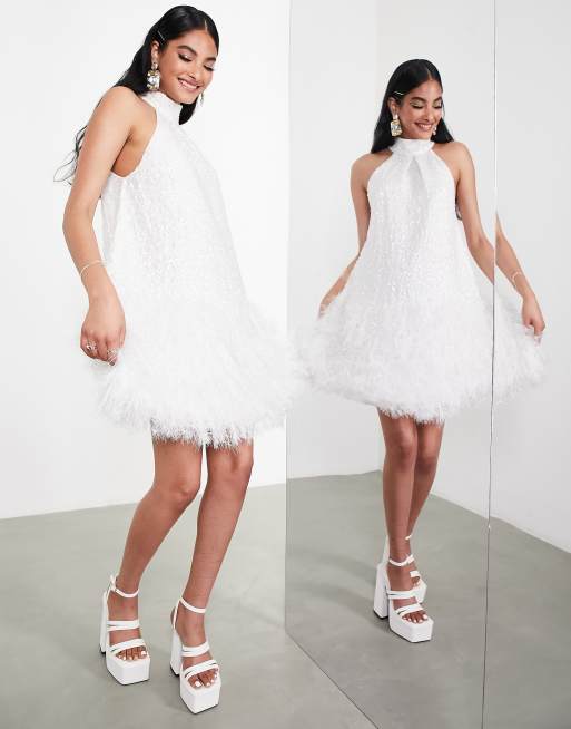 White sequin hotsell dress with feathers