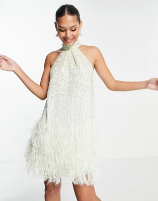 ASOS EDITION sequin halter mini dress with faux feather hem in sage green | ASOS