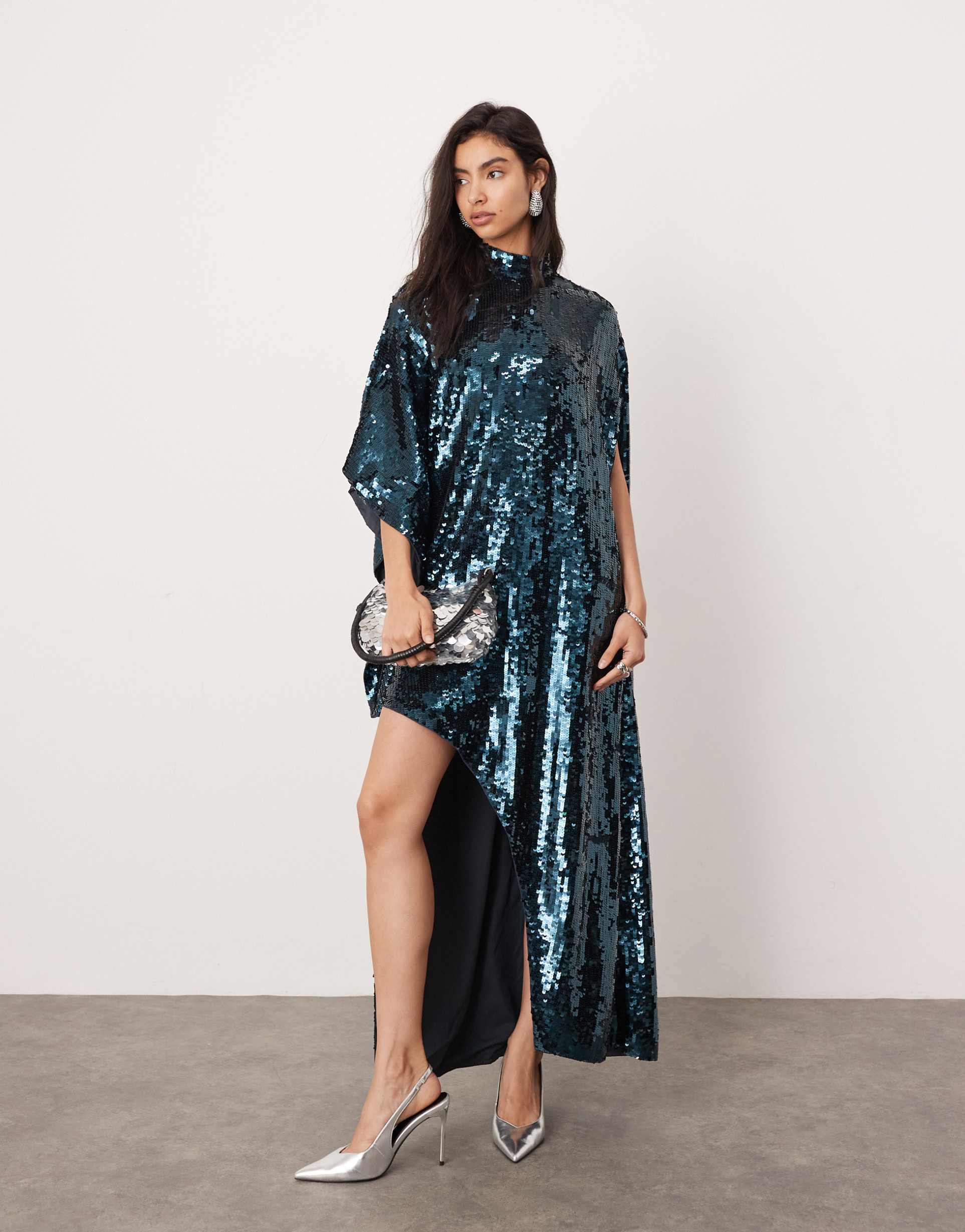 asos edition sequin high neck cape sleeve mini dress with asymmetric hem in dark blue