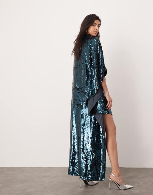 ASOS EDITION sequin high neck cape sleeve mini dress with asymmetric hem in dark blue ASOS