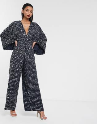 ASOS EDITION sequin kimono sleeve wide leg jumpsuit-Navy