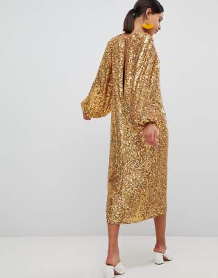 asos edition sequin midi dress with blouson sleeve