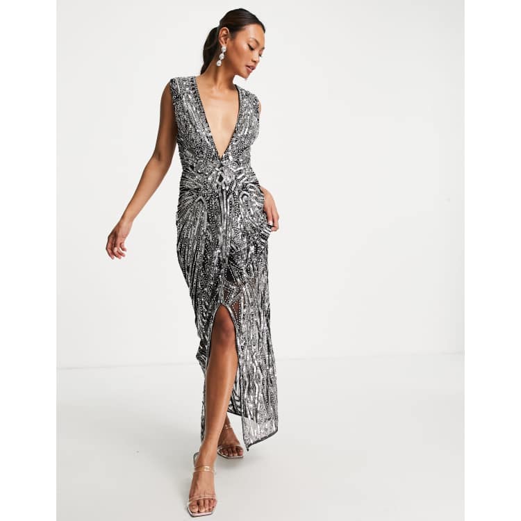 ASOS EDITION sequin midi dress with starburst embellishment in black and silver ASOS