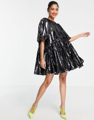 ASOS EDITION sequin mini smock dress in charcoal-Grey