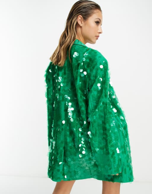 Oversized Blazer Dress Green Glitter Blazer Dark Green Sequin - Main Image