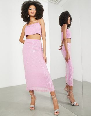 ASOS EDITION sequin cami crop top & pencil midi skirt in pink