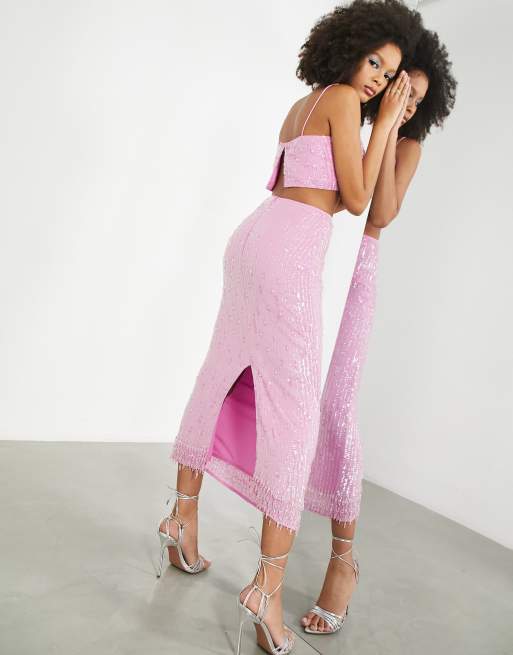 ASOS EDITION sequin pencil midi skirt in pink