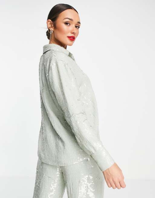 ASOS DESIGN sequin shirt in green