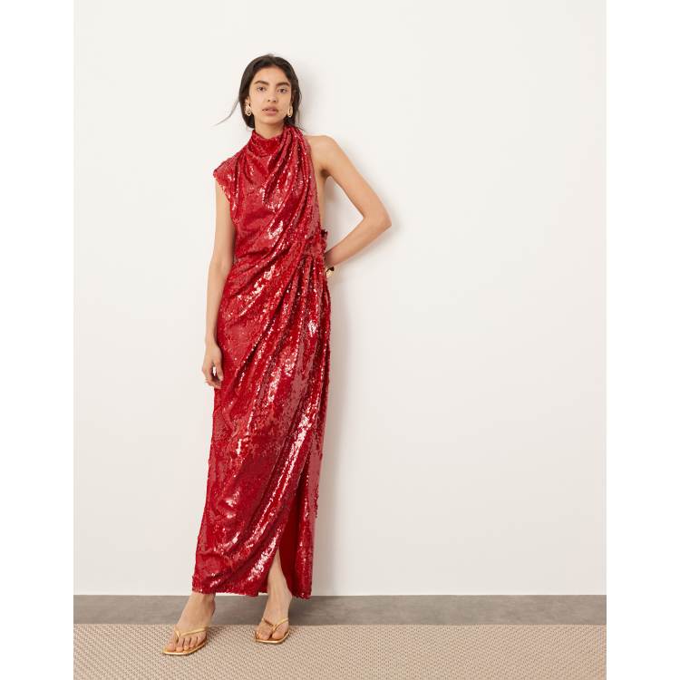 ASOS EDITION sequin sleeveless draped slouchy halter maxi dress in red ASOS