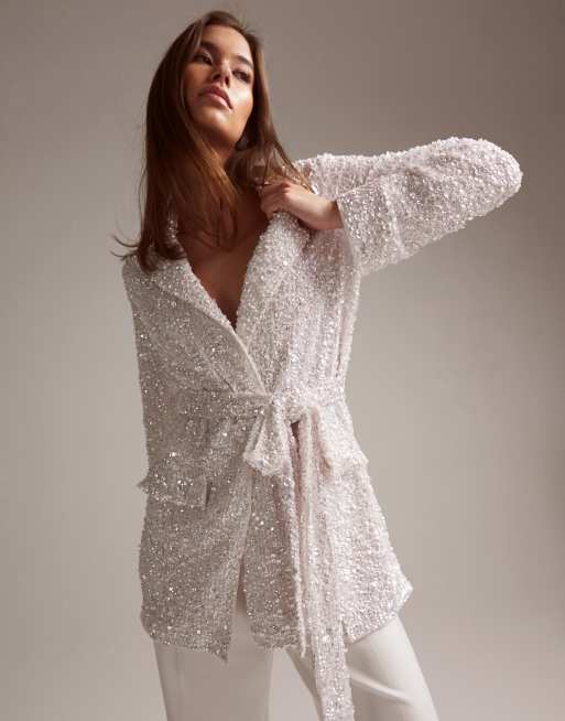 ASOS EDITION sequin tie front wedding blazer in ivory ASOS