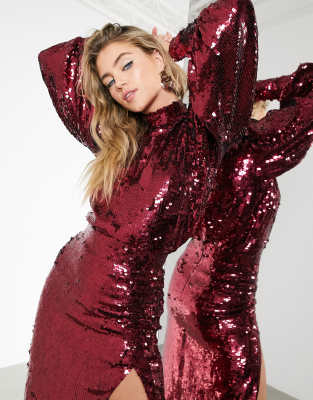 ASOS EDITION sequin top with blouson sleeve in burgundy-Red