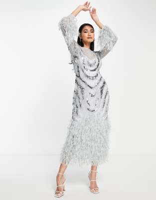 ASOS EDITION sequin wave midi dress with faux feather hem in ice blue | ASOS