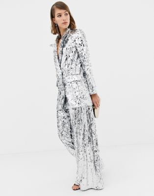 silver sequin pant suit