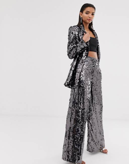 ASOS EDITION double breasted blazer & wide leg pants in charcoal sequin, 3 of 3