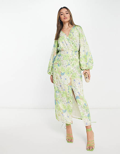 ASOS EDITION sequin wrap midi dress in floral print