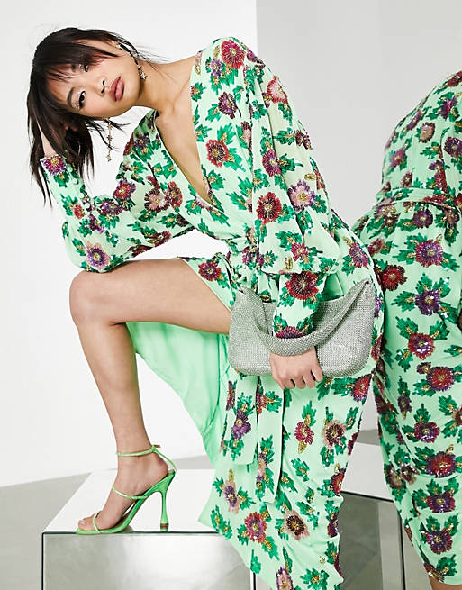 Designer Brands sequin wrap midi dress in floral sequin 