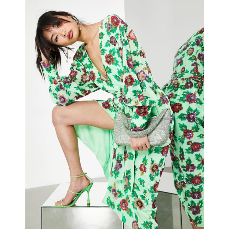 ASOS EDITION sequin wrap midi dress in floral sequin | ASOS