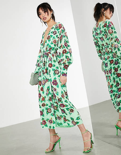 Designer Brands sequin wrap midi dress in floral sequin 