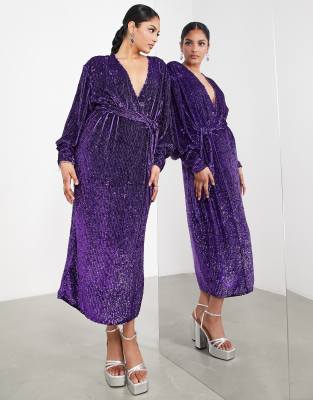 Asos Design Sequin Wrap Midi Dress In Purple