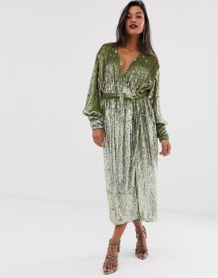 asos edition sequin midi dress with blouson sleeve