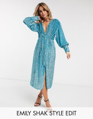 blue sequin wrap dress