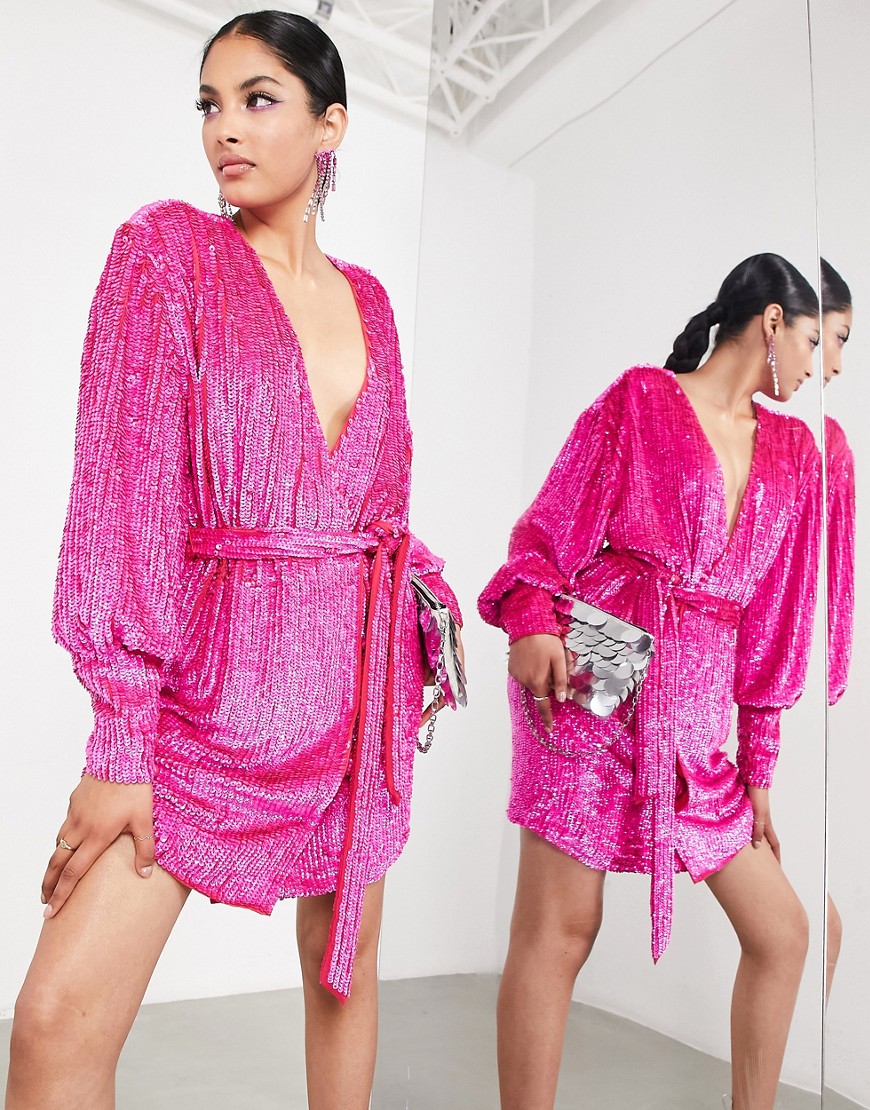 ASOS EDITION sequin wrap mini dress in hot pink