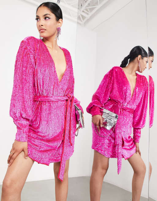 ASOS EDITION sequin wrap mini dress in hot pink | ASOS