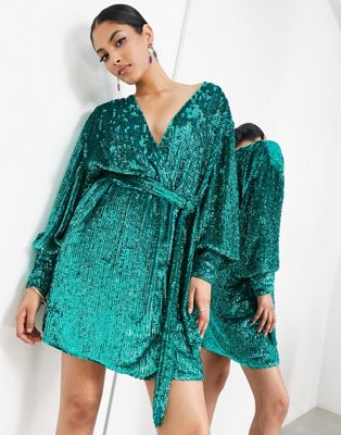 Asos Design Sequin Wrap Mini Dress In Teal Green