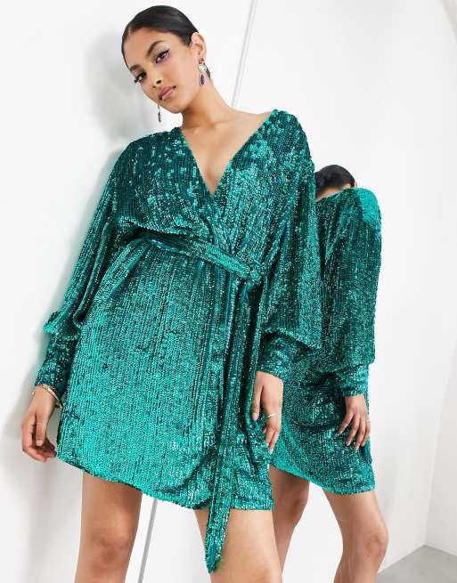 In Awe Petite Bottle Green Sequin Wrap Long Sleeve Belted Mini