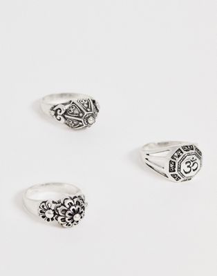ASOS EDITION - Set ringen met reliëf in gepolijst zilver