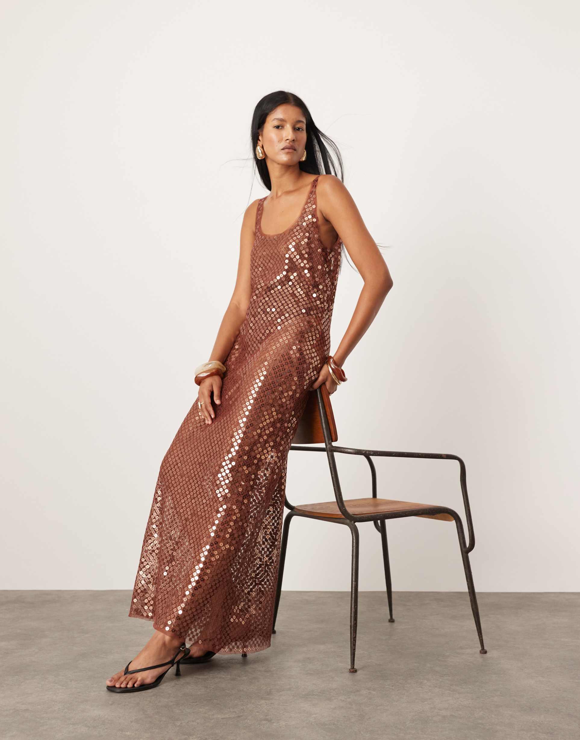 asos edition sheer disc sequin maxi raw edge tank dress in chocolate