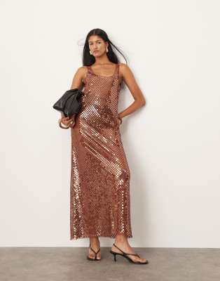ASOS EDITION sheer disc sequin maxi raw edge tank dress in chocolate