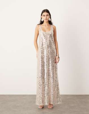 sheer disc sequin maxi raw edge tank dress in silver