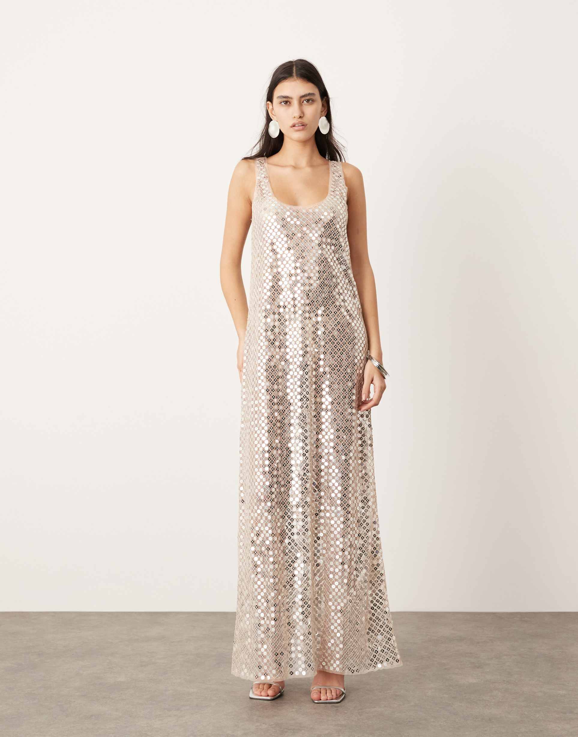 asos edition sheer disc sequin maxi raw edge tank dress in silver