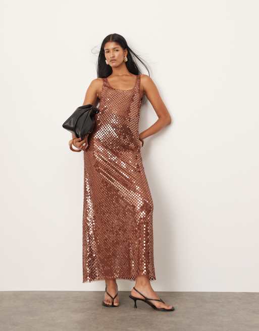 ASOS EDITION sheer disc sequin maxi raw edge vest dress in chocolate ASOS