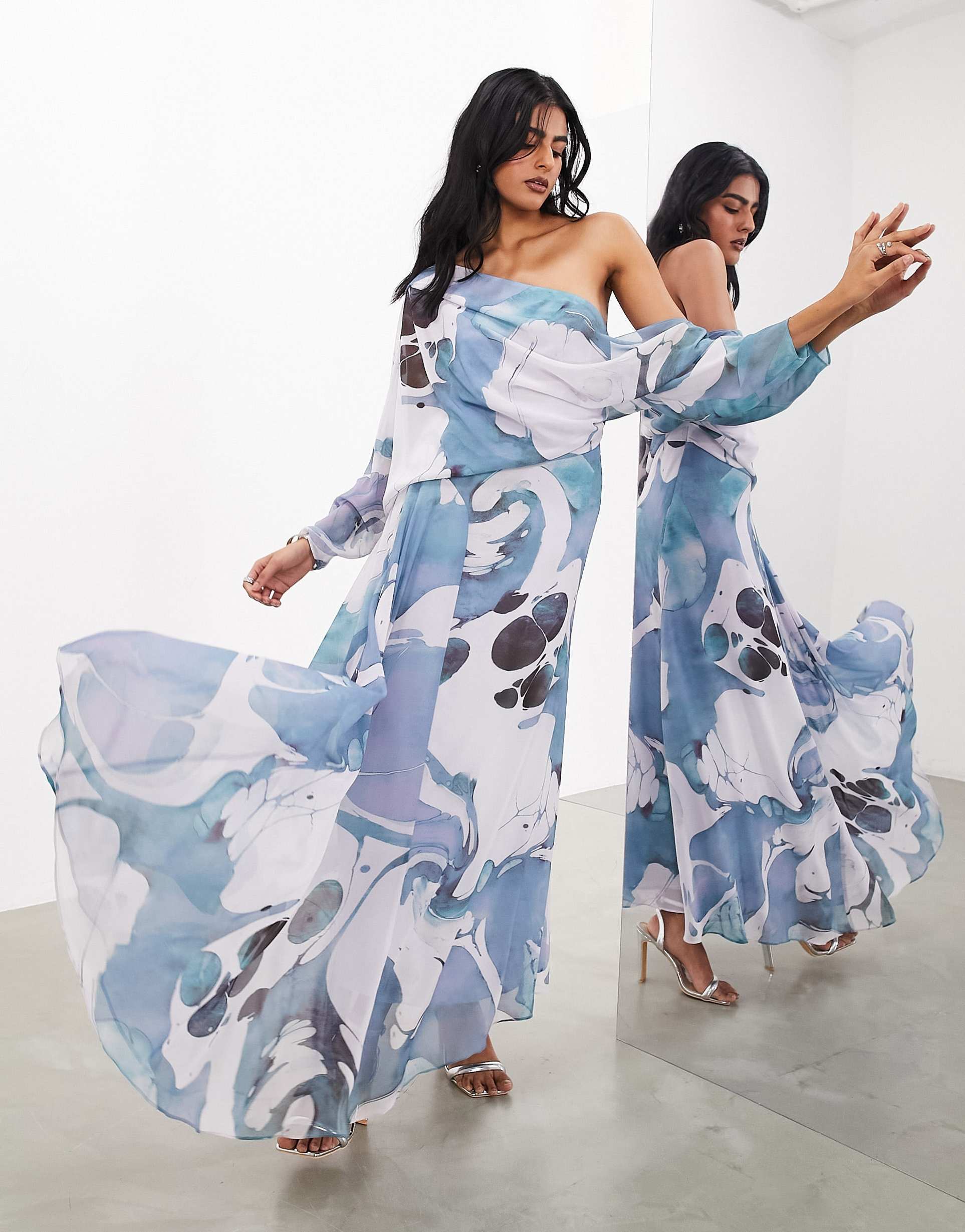 asos edition sheer draped off shoulder soft maxi dress in blue swirl print