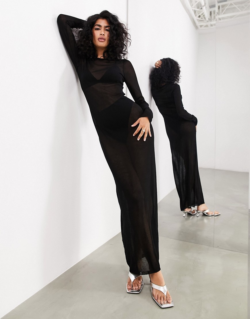 ASOS EDITION sheer knitted long sleeve maxi dress in black