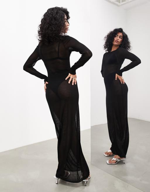 ASOS EDITION sheer knitted long sleeve maxi dress in black