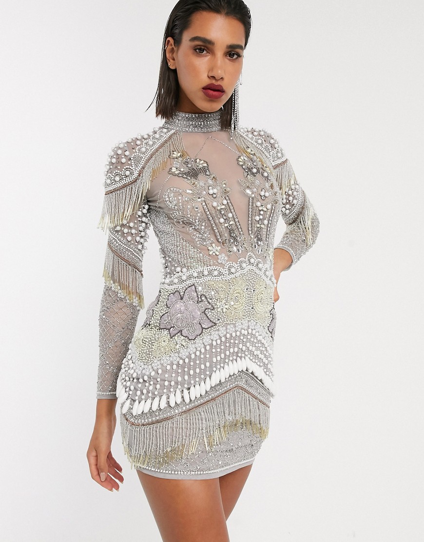 ASOS EDITION sheer mesh embellished dress-Silver