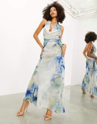 Asos Design Sheer Statement Cowl Neck Maxi Dress In Blue Watercolour Print-multi