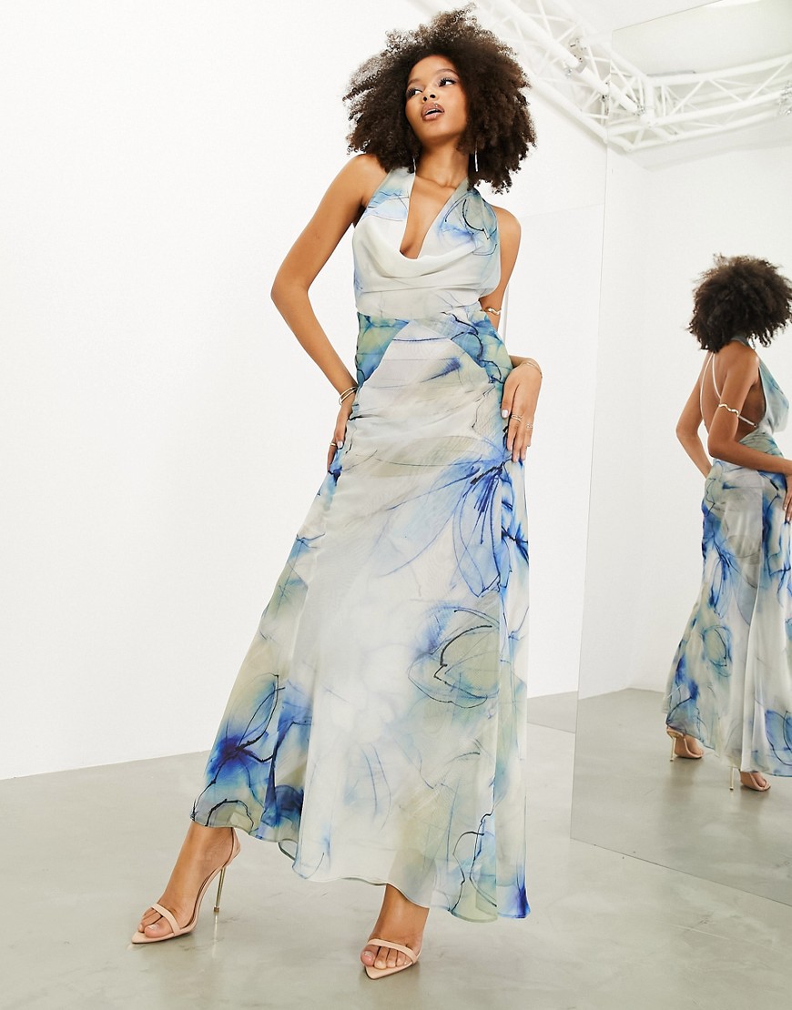 ASOS EDITION sheer statement cowl neck maxi dress in blue watercolour print-Multi