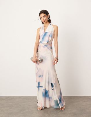 Asos Design Sheer Statement Cowl Neck Maxi Dress In Blurred Floral Print-multi