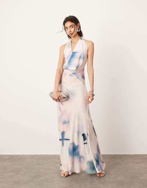 ASOS Edition Sheer Statement Cowl Neck Maxi Dress in Blurred Floral print Multi