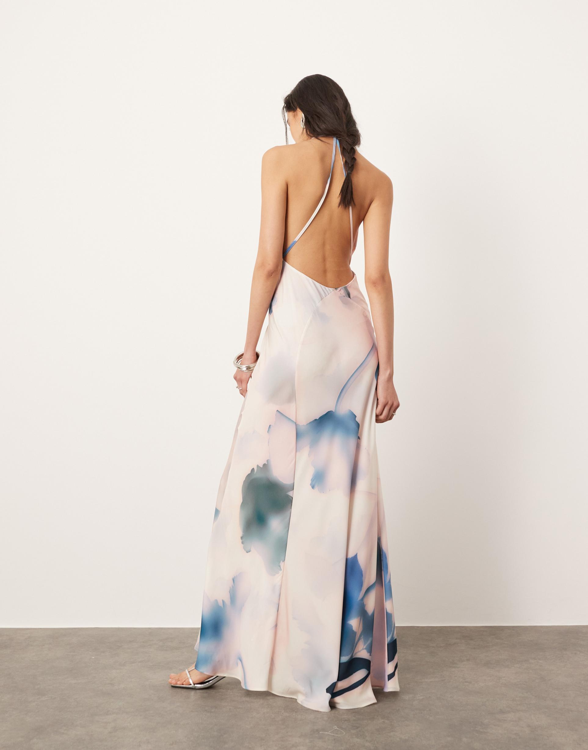 asos edition sheer statement cowl neck maxi dress in blurred floral print