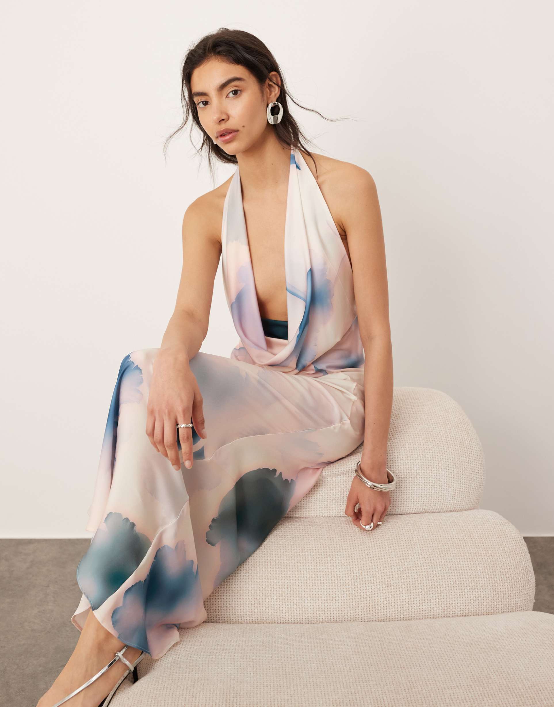 asos edition sheer statement cowl neck maxi dress in blurred floral print