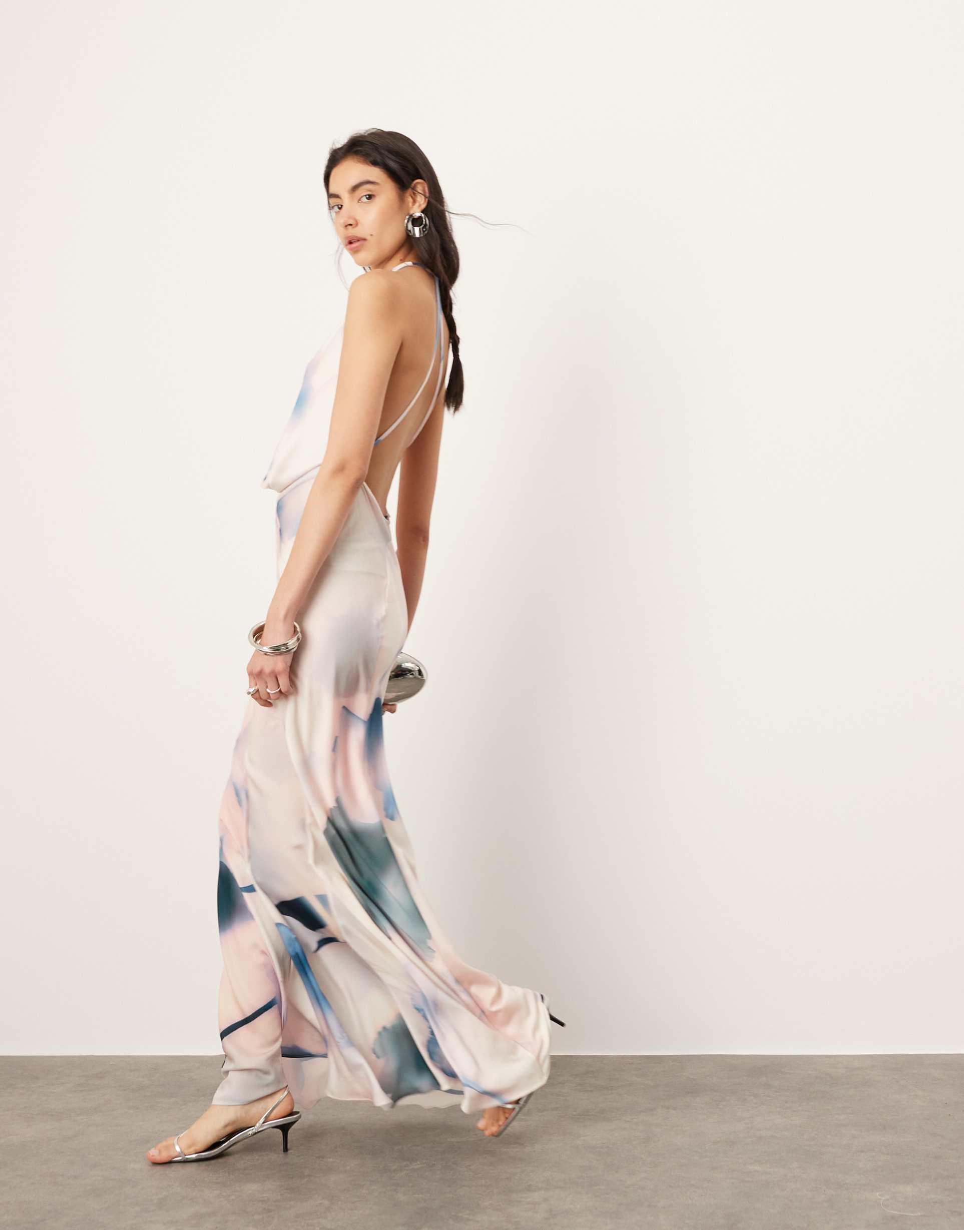 asos edition sheer statement cowl neck maxi dress in blurred floral print