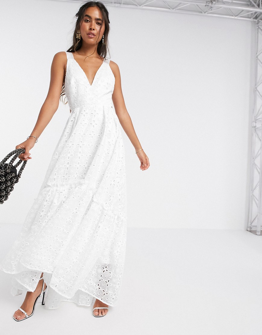 ASOS EDITION shimmer broderie trapeze maxi dress-White