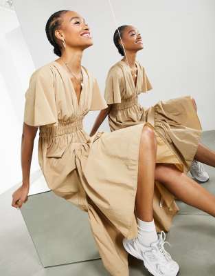 ASOS EDITION shirred waist midi dress in camel-Neutral