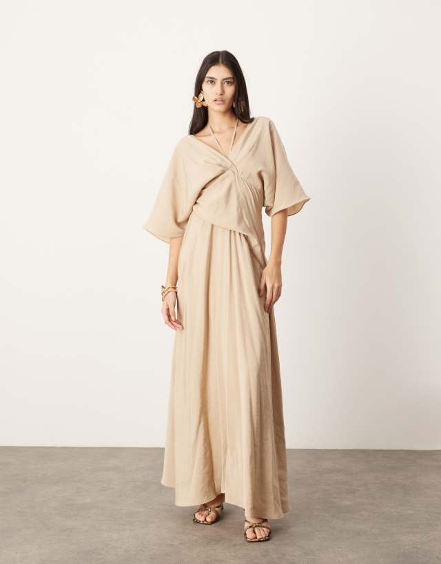 ASOS EDITION - short sleeve v neck tie detail maxi dress in stone